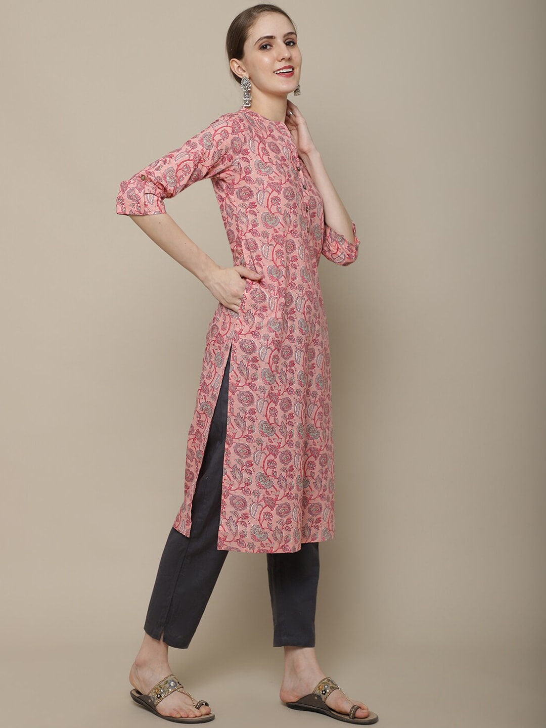 Sangria Women Pink Ethnic Motifs Printed Floral Kurta - Distacart