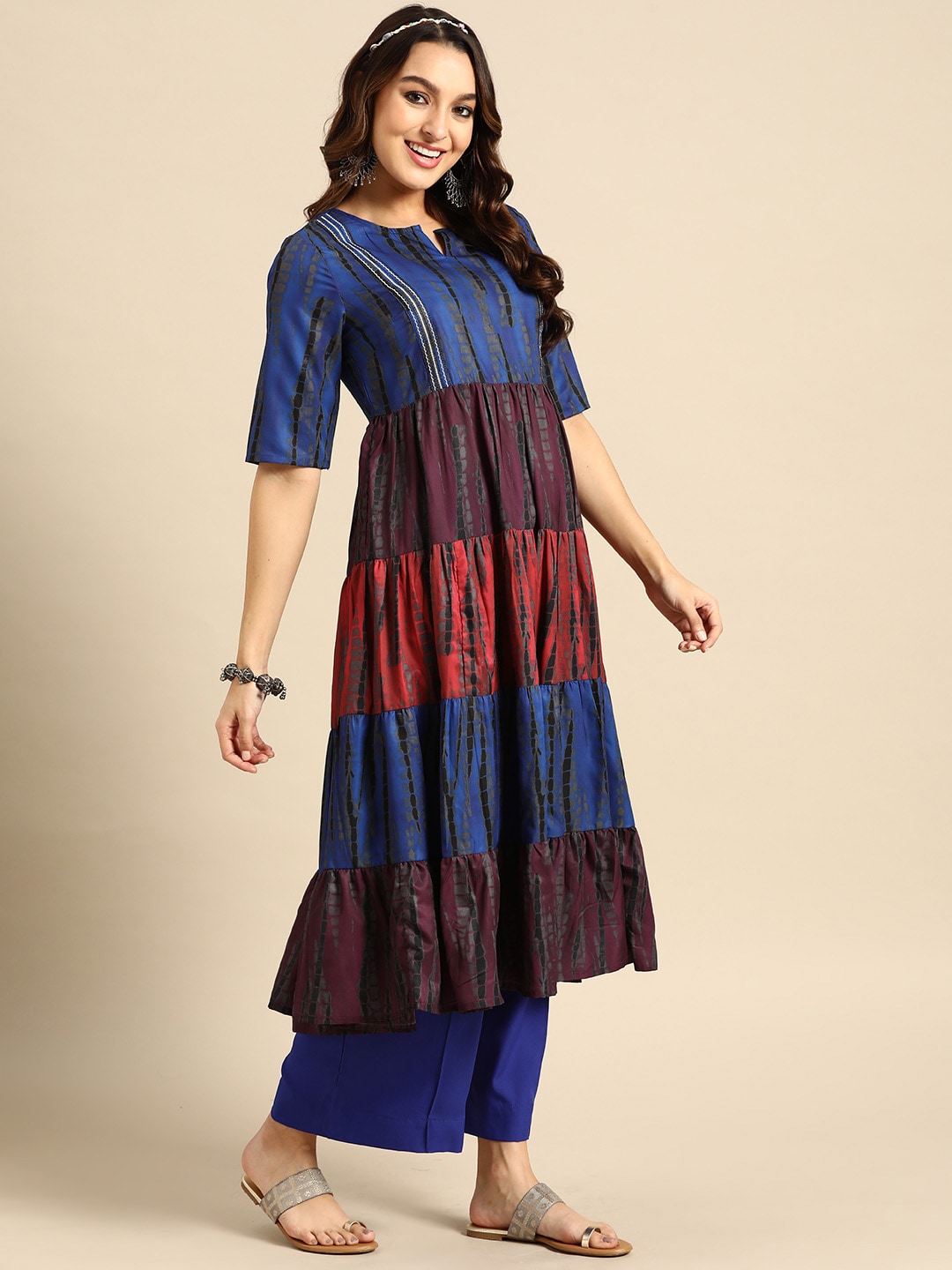 Sangria Women Dyed Tiered Kurta with Palazzos - Distacart