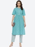 Thumbnail for Biba Women Green Printed Pleated Pure Cotton Kurti With Trousers - Distacart