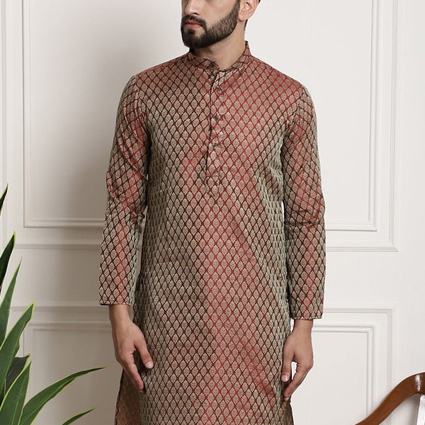 Sojanya Men Maroon & Golden Ethnic Motifs Jacquard Silk Kurta - Distacart