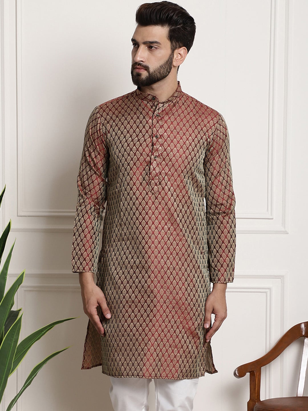 Sojanya Men Maroon & Golden Ethnic Motifs Jacquard Silk Kurta - Distacart