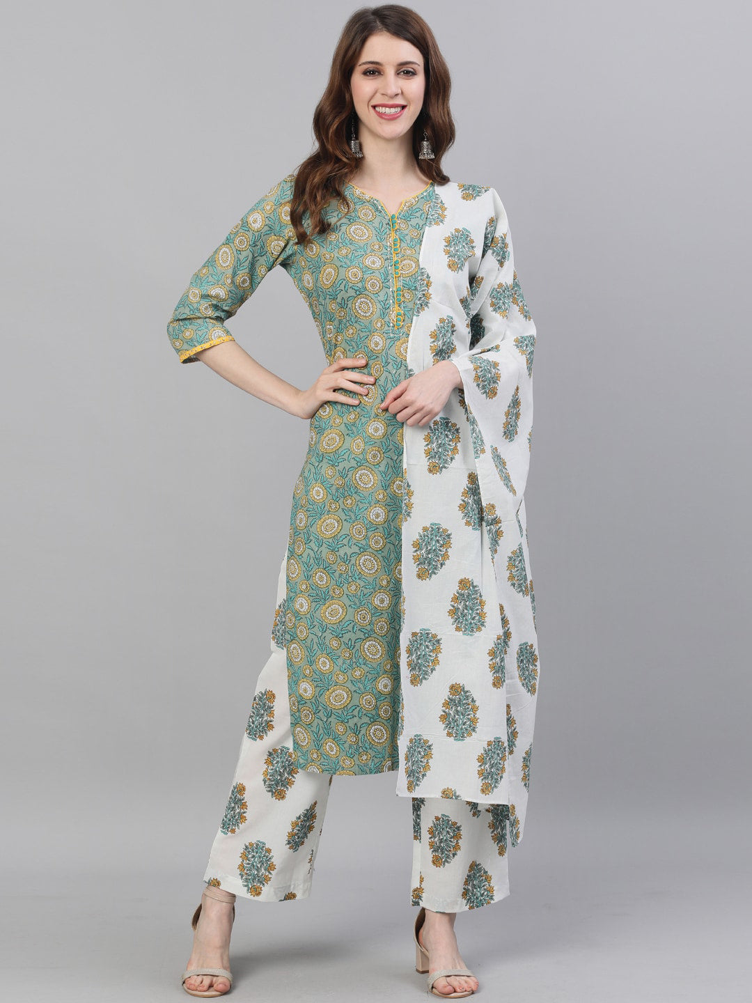 Jaipur Kurti Women Green & Off-White Printed Kurta with Trousers & Dupatta - Distacart