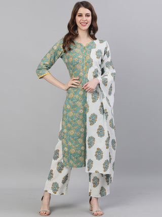 Jaipur Kurti Women Green & Off-White Printed Kurta with Trousers & Dupatta - Distacart