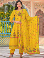Thumbnail for Sangria Yellow Floral Printed & Mirror Work Cotton Anarkali Kurta With Trouser & Dupatta - Distacart