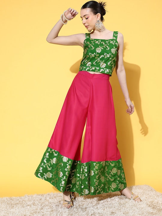 InWeave Women's Green Brocade Strappy Top W Fuchsia Green Brocade Palazzo Set - Distacart