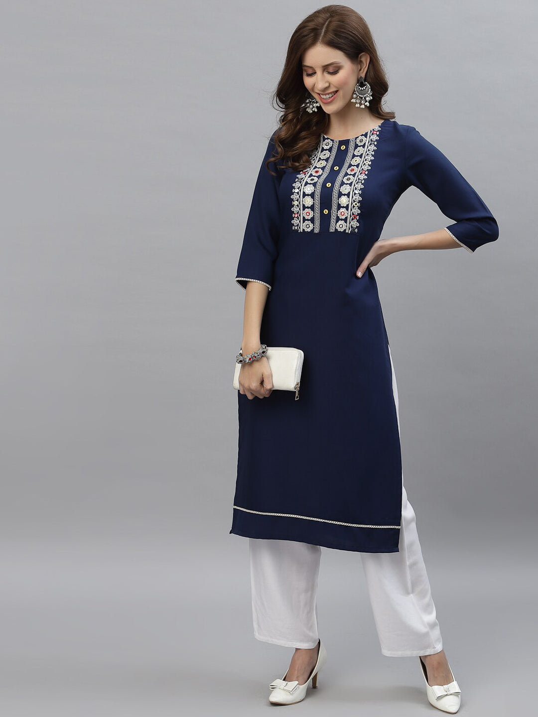 Kalini Women Blue Poly Viscose Rayon Embroidered Kurta - Distacart