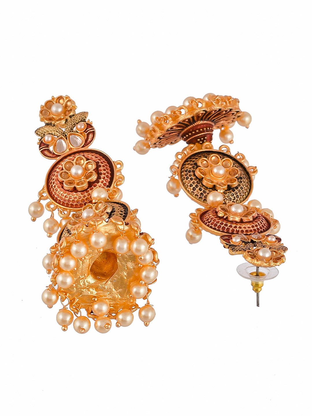 Shoshaa Maroon & Green Gold-Plated Contemporary Jhumkas Earrings - Distacart
