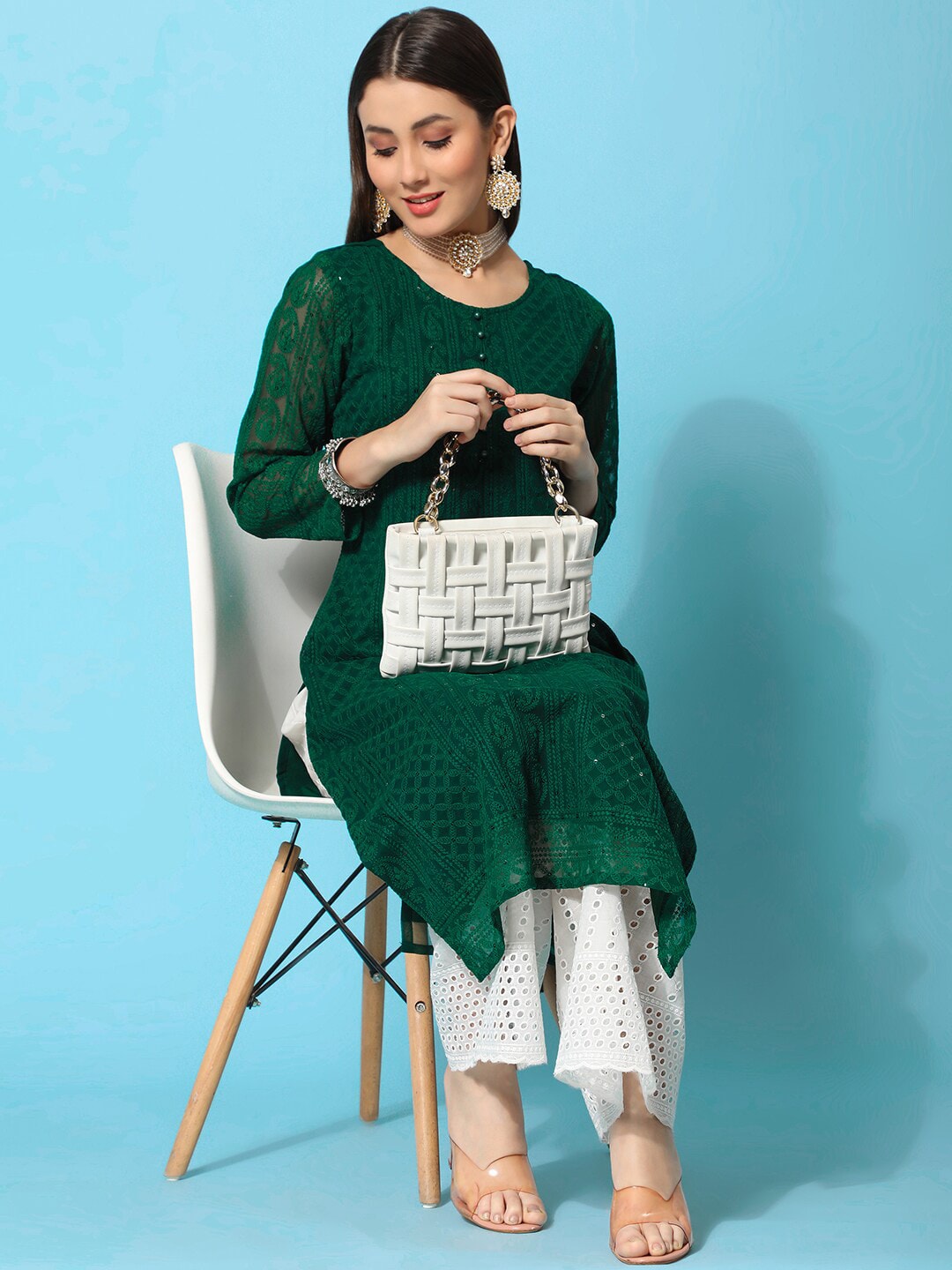 Kalini Ethnic Motifs Embroidered Chikankari Georgette Kurta - Distacart