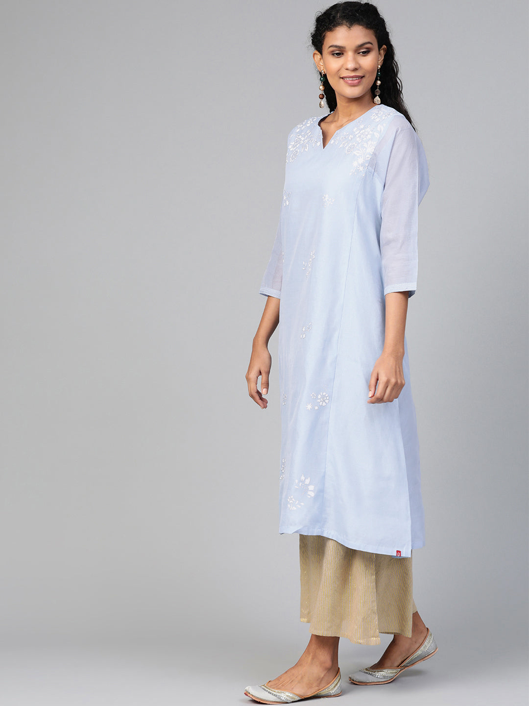 Biba Women Blue & White Floral Panelled Printed A-Line Kurta - Distacart