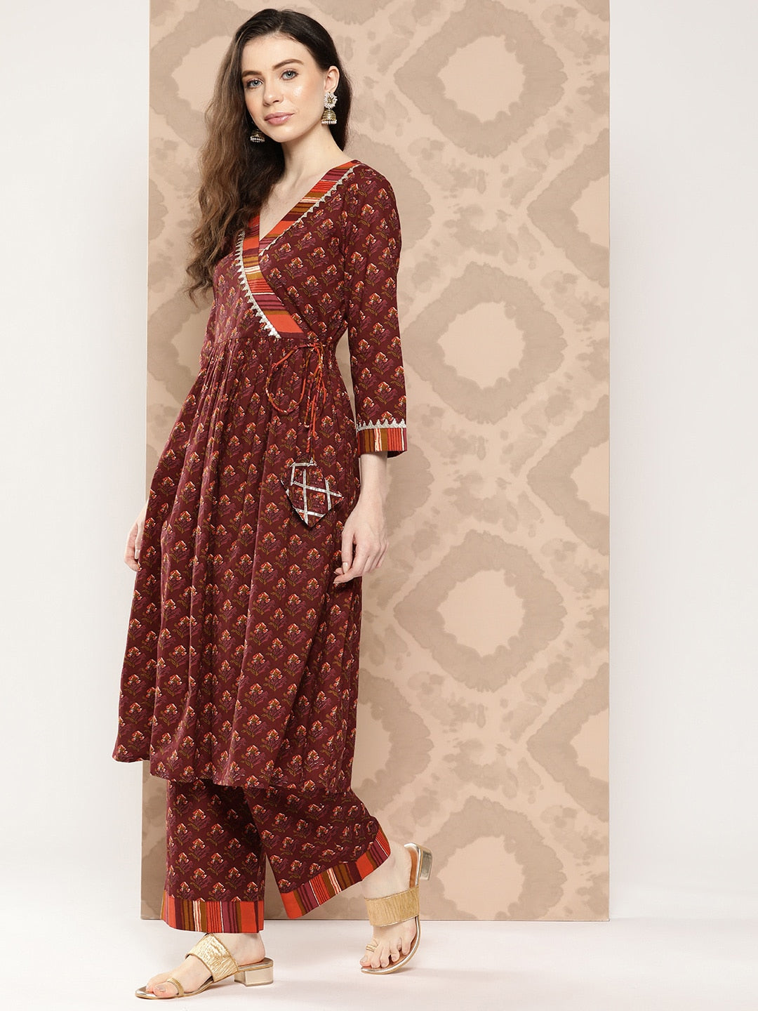 Kalini Floral Printed Angrakha Sequinned Pure Cotton Kurta with Palazzos & Dupatta - Distacart