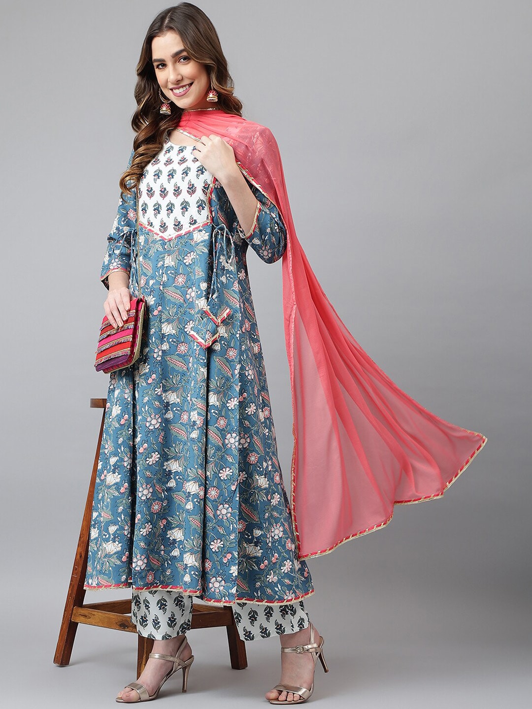 Khushal K Women Blue & Peach Floral Printed Kurta With Palazzos & Dupatta - Distacart