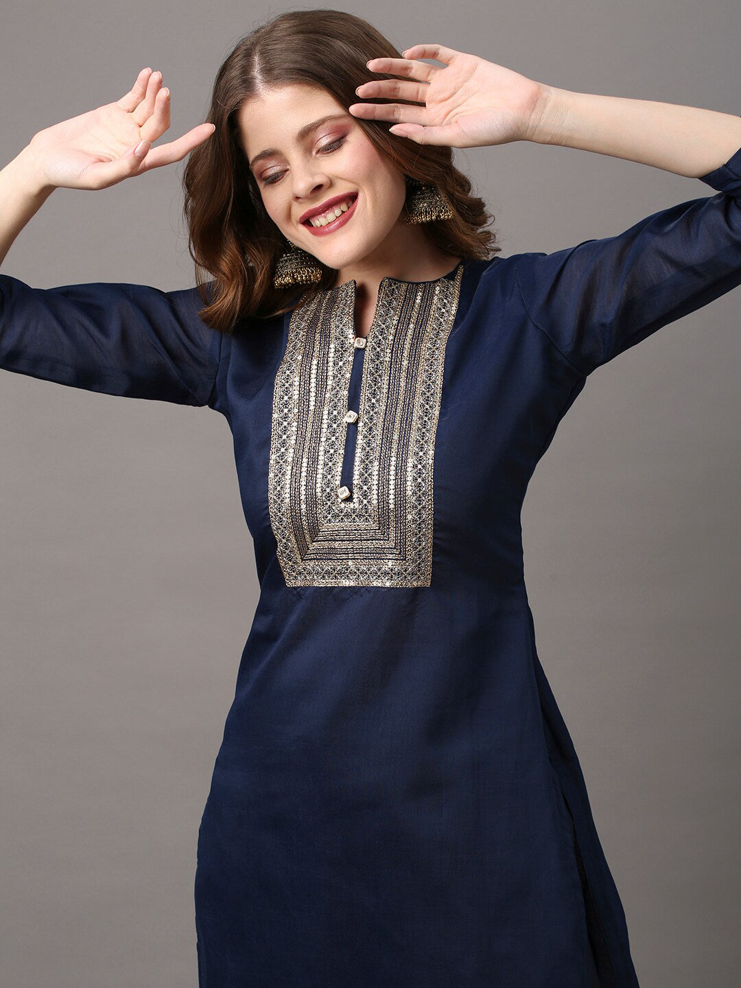 Saree Mall Navy Blue & Gold-Toned Embroidered Unstitched Dress Material - Distacart