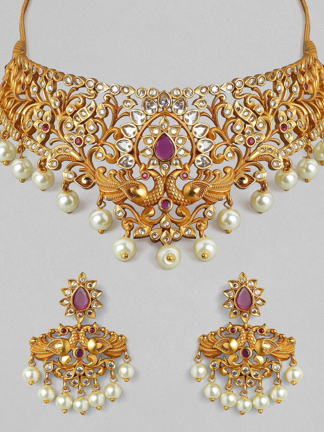 Rubans 22K Gold-Plated White & Pink Ruby & Stone-Studded Beaded Handcrafted Jewellery Set - Distacart