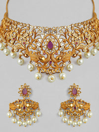 Thumbnail for Rubans 22K Gold-Plated White & Pink Ruby & Stone-Studded Beaded Handcrafted Jewellery Set - Distacart