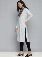 Thumbnail for HERE&NOW Women Grey Melange & Red Ethnic Motifs Yoke Design Thread Work Kurta - Distacart