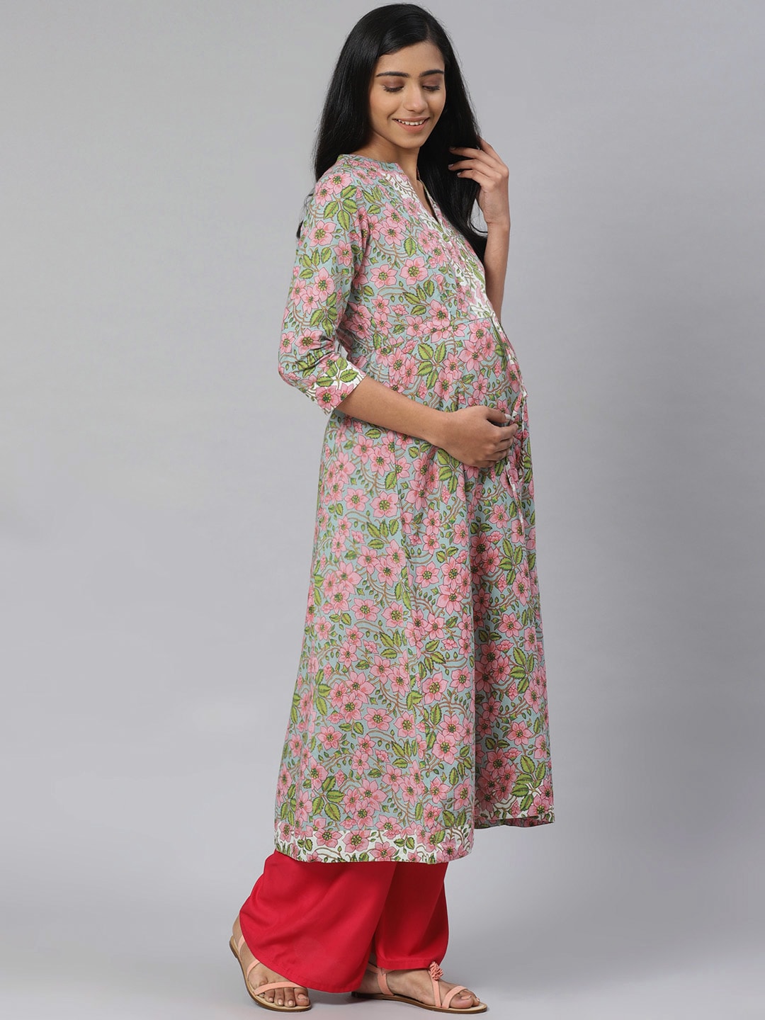 Anayna Women Blue & Pink Floral Printed Pure Cotton Feeding Maternity A-Line Kurta - Distacart