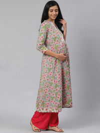 Thumbnail for Anayna Women Blue & Pink Floral Printed Pure Cotton Feeding Maternity A-Line Kurta - Distacart