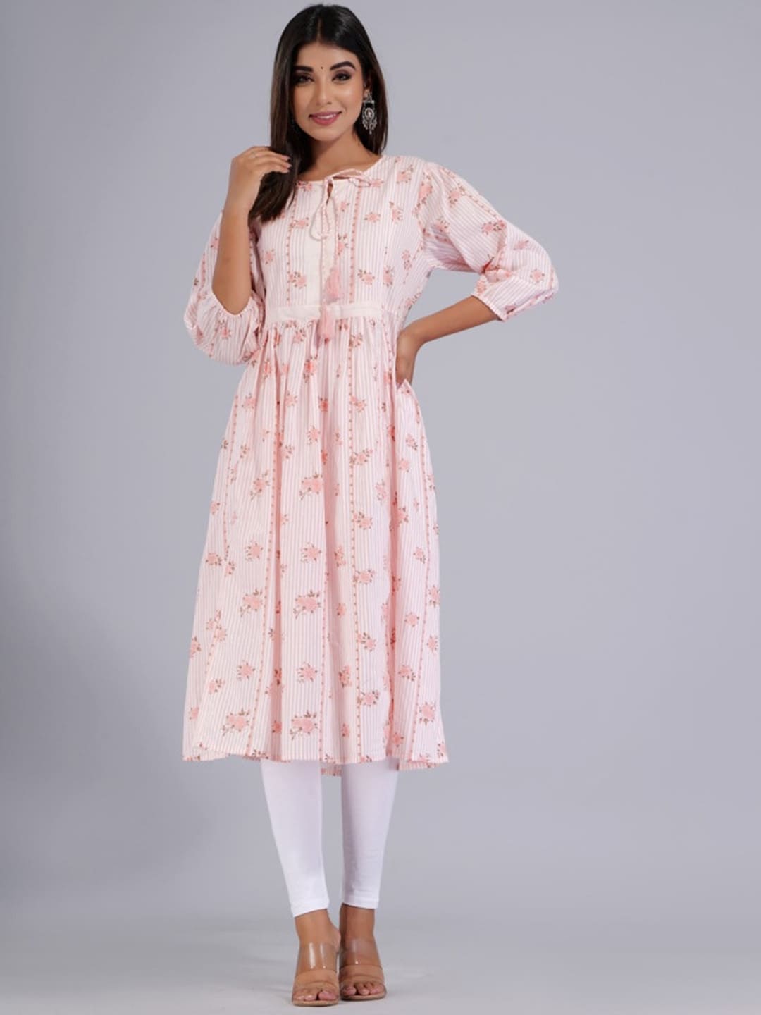 HERE&NOW Peach & White Floral Printed Tie-Up Neck Cotton A-Line Kurta - Distacart