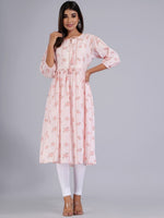 Thumbnail for HERE&NOW Peach & White Floral Printed Tie-Up Neck Cotton A-Line Kurta - Distacart