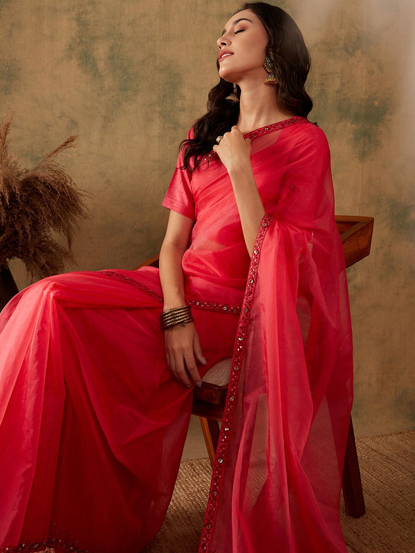 Sangria Thread & Sequin Embroidered Border Sarees - Distacart