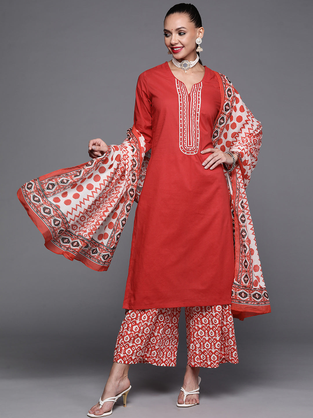Biba Women Red Ethnic Motifs Printed Thread Work Pure Cotton Kurta with Trousers & With Dupatta - Distacart