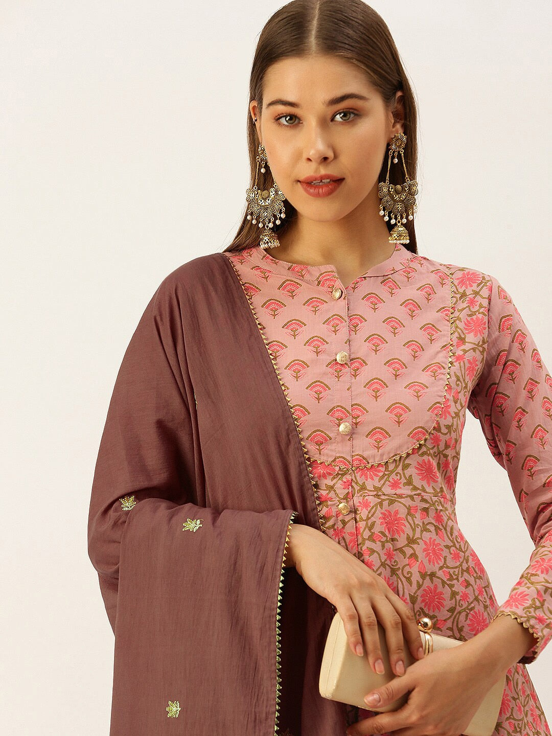 HERE&NOW Women Pink & Coffee Brown Printed Cotton Kurti with Sharara & With Dupatta - Distacart