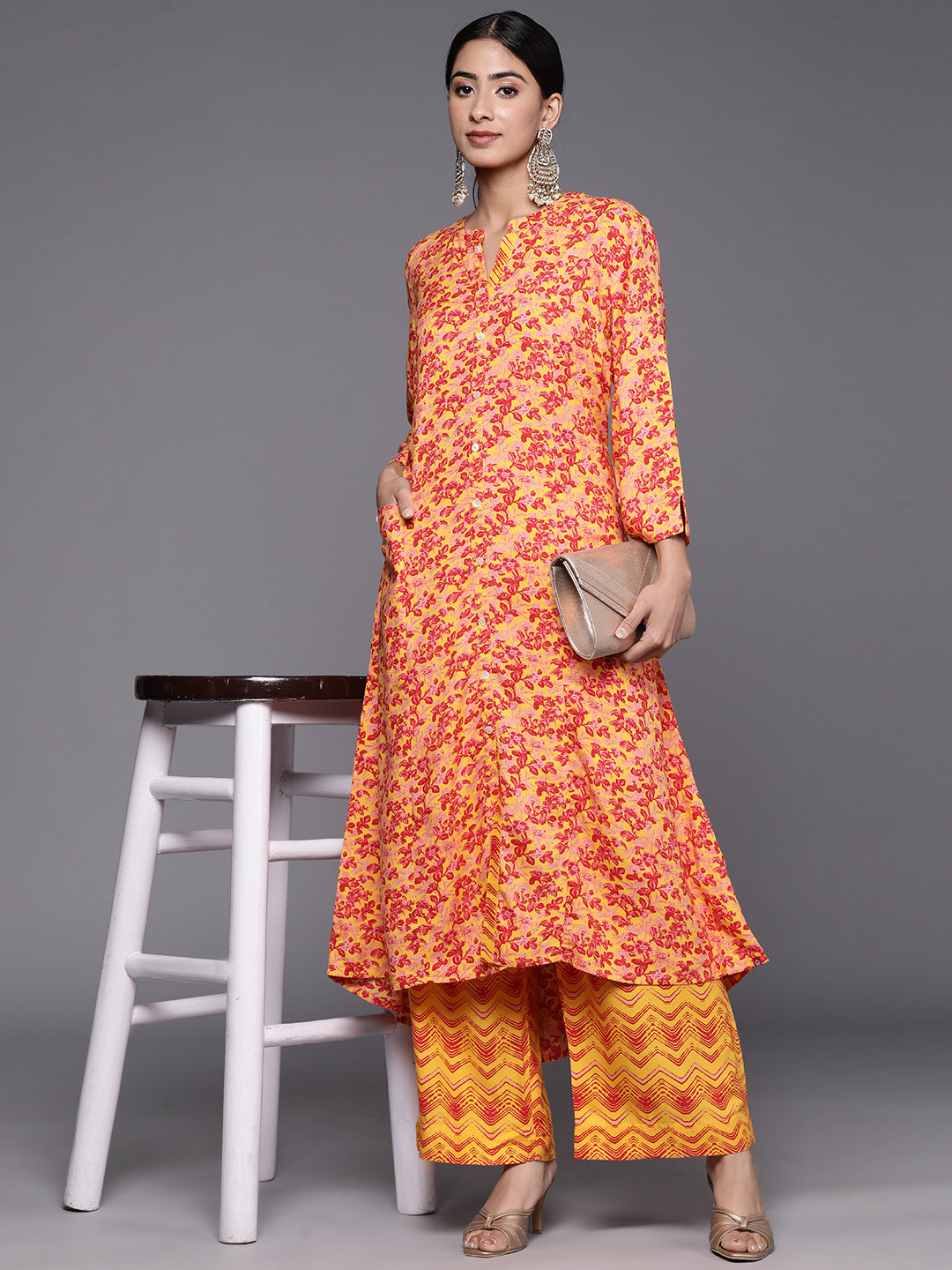 Biba Floral Printed A-Line Kurta with Palazzos - Distacart