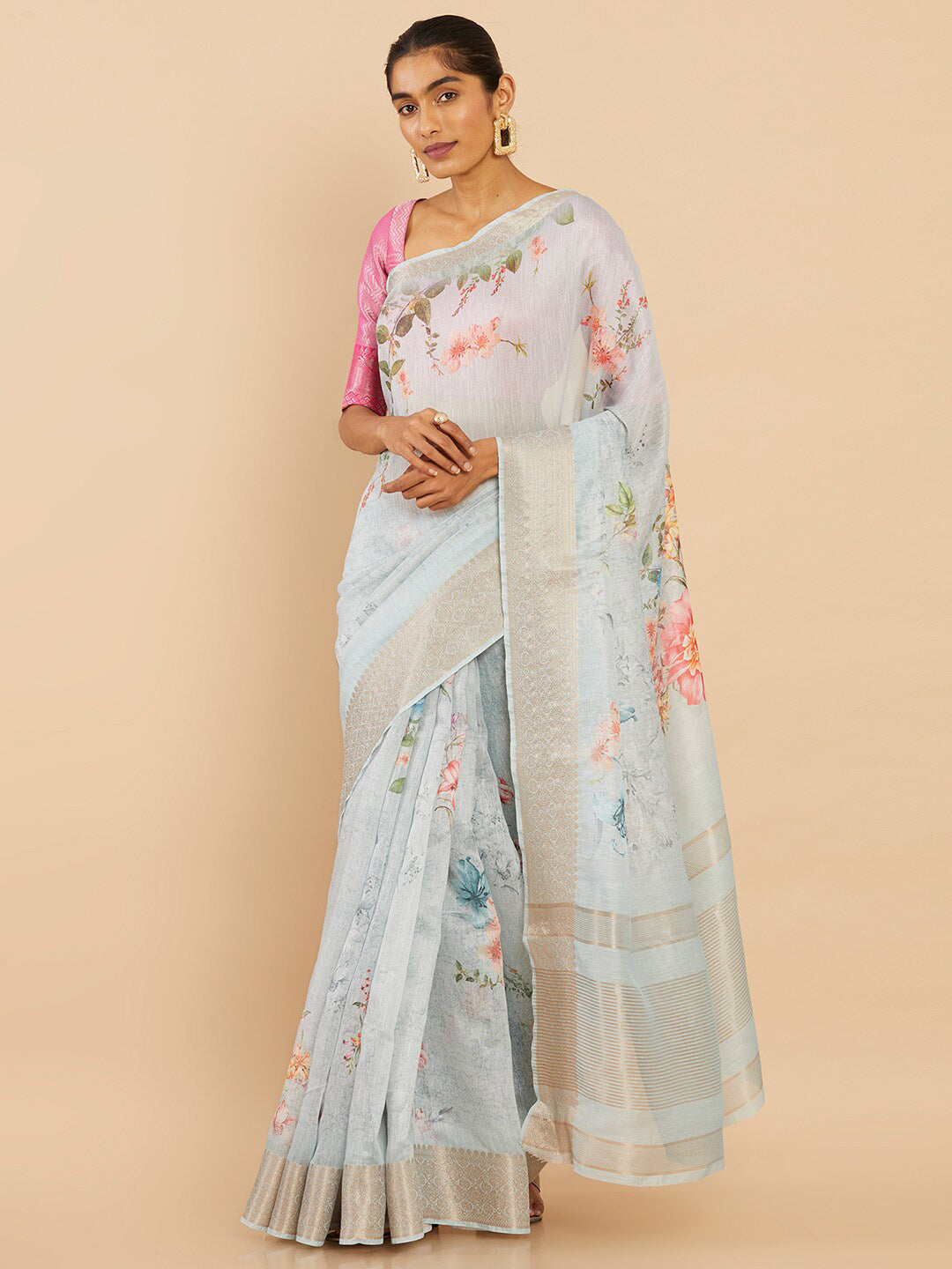 Soch Blue & Pink Floral Zari Art Silk Saree - Distacart