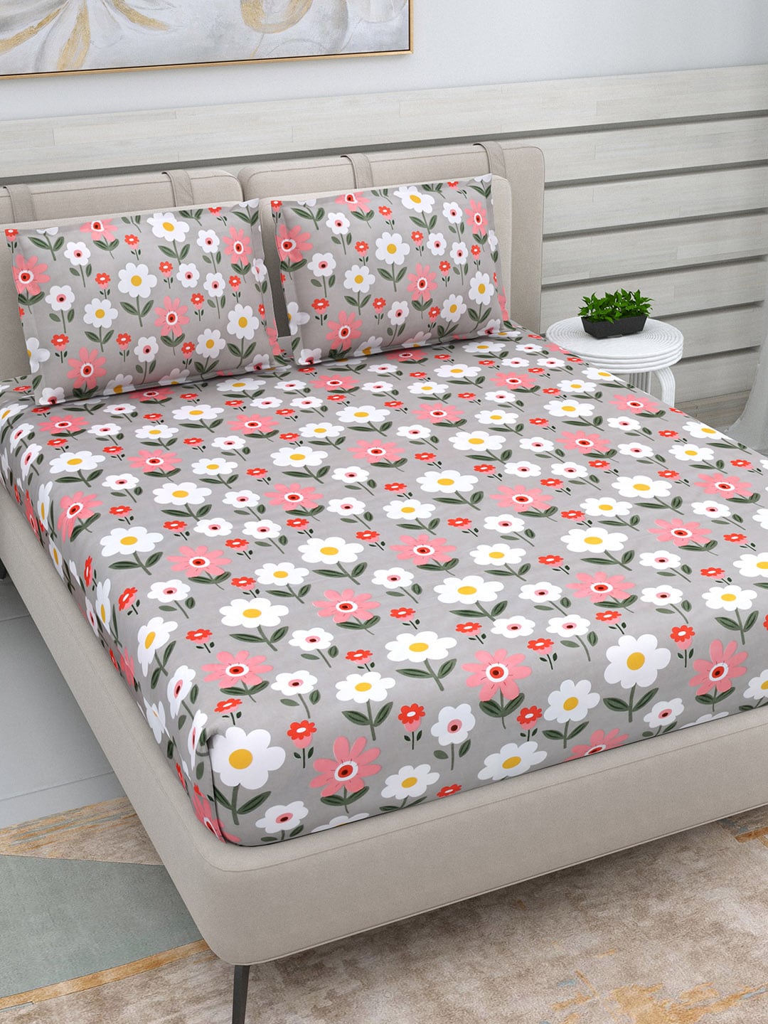 DREAM WEAVERZ Silver & Pink Pure Cotton Floral Queen Bedsheet with 2 Pillow Covers - Distacart