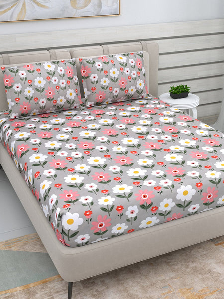 DREAM WEAVERZ Silver & Pink Pure Cotton Floral Queen Bedsheet with 2 Pillow Covers - Distacart
