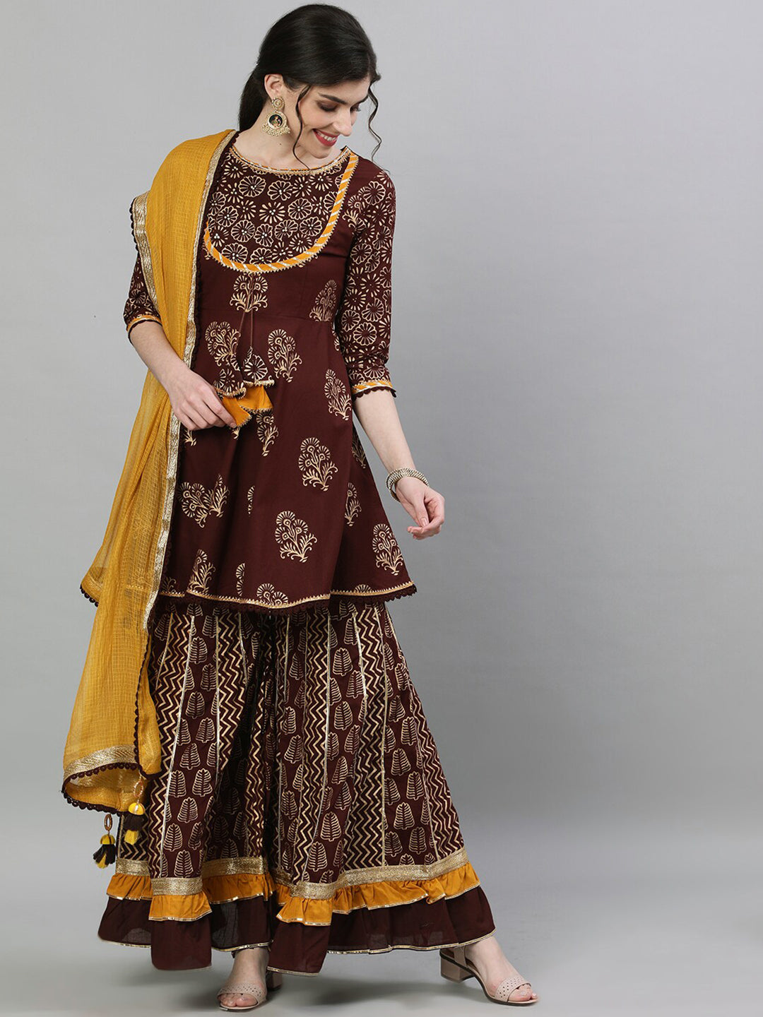 Ishin Women Brown & Gold-Toned Printed Kurti with Sharara & Dupatta - Distacart