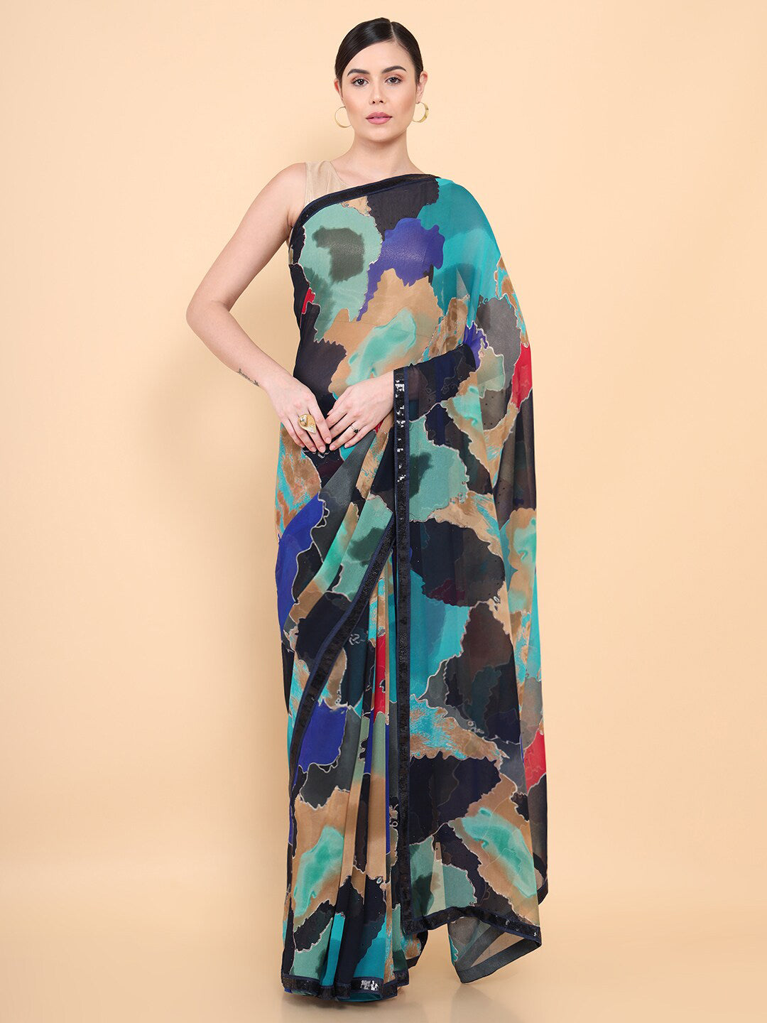 Soch Mustard & Black Tie and Dye Sequinned Pure Georgette Saree - Distacart