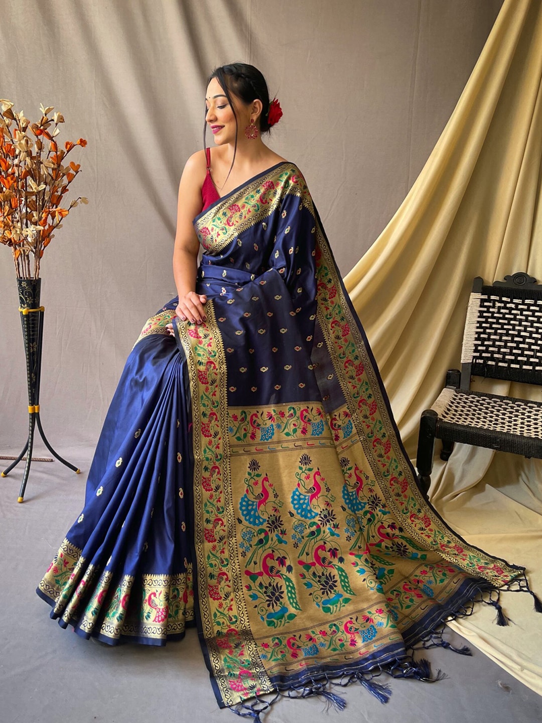 Mitera Navy Blue & Pink Ethnic Woven Design Zari Paithani Silk Saree - Distacart