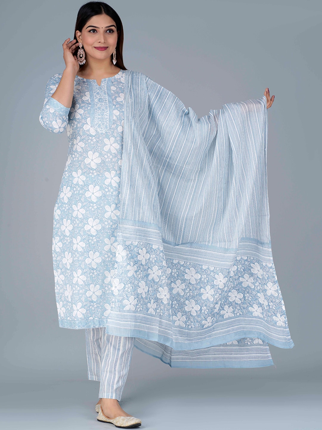 Kalini Floral Printed Pure Cotton Kurta with Pyjamas & Dupatta - Distacart