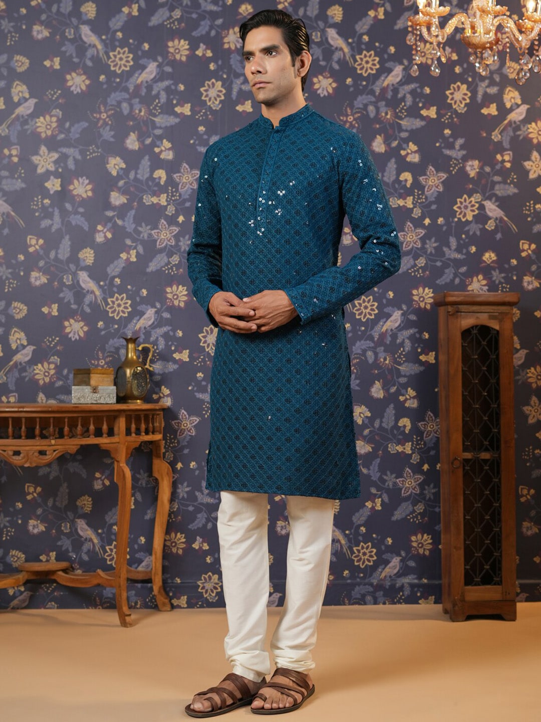 House of Pataudi Ethnic Motifs Embroidered Sequinned Straight Kurta With Churidar - Distacart