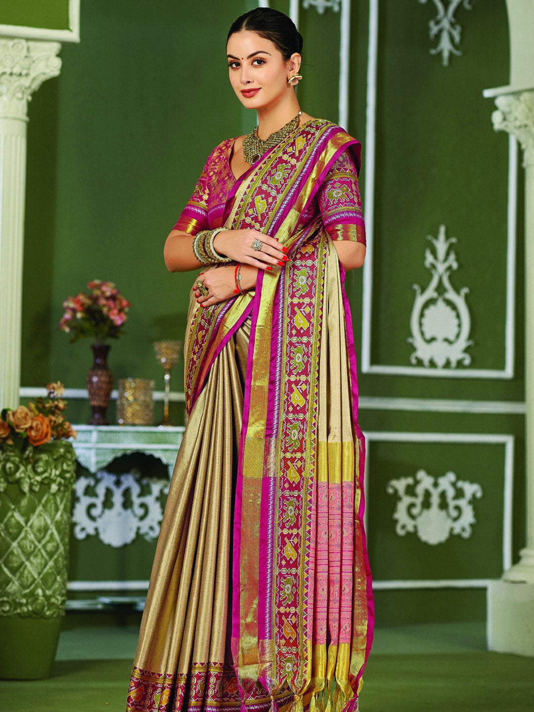 Mitera Beige & Pink Zari Pure Silk Banarasi Saree - Distacart