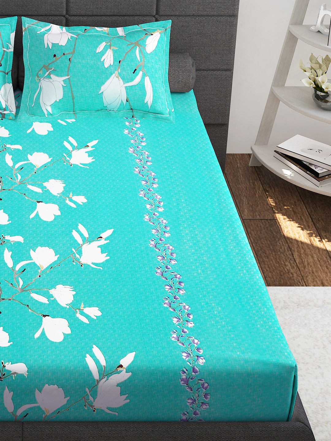 Story@home Sea Green & White Floral 152 TC Cotton 1 Queen Bedsheet with 2 Pillow Covers - Distacart