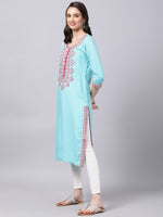 Thumbnail for Souchii Women Blue & Pink Embroidered Round Neck Straight Kurta - Distacart