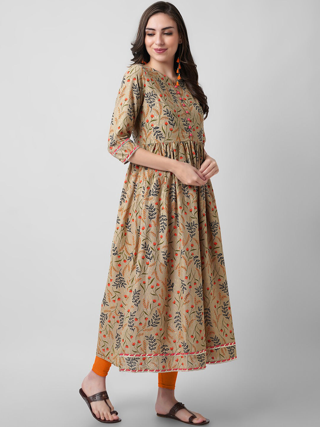 Kalini Women Brown Floral Printed Flared Sleeved Pure Cotton Anarkali Kurta - Distacart