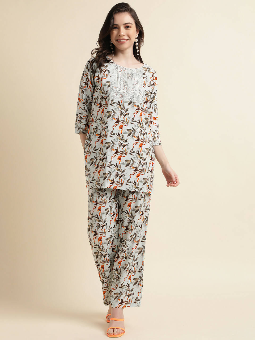 Grey Poly Crepe Digital Printed Top with Matching Bottom - Preeti - Distacart