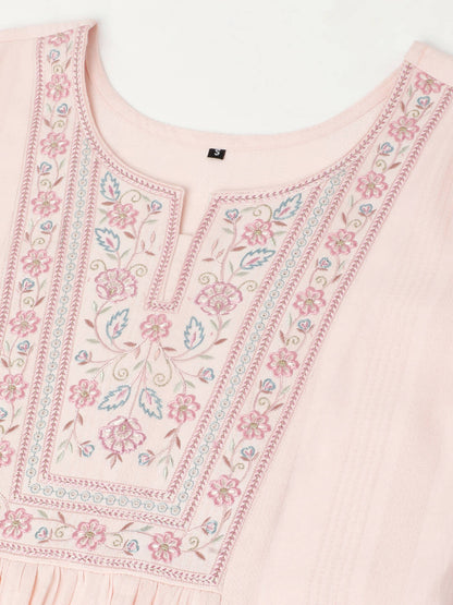 Peach Viscose Rayon Yoke Embroidered A-line Top - Tarini - Distacart