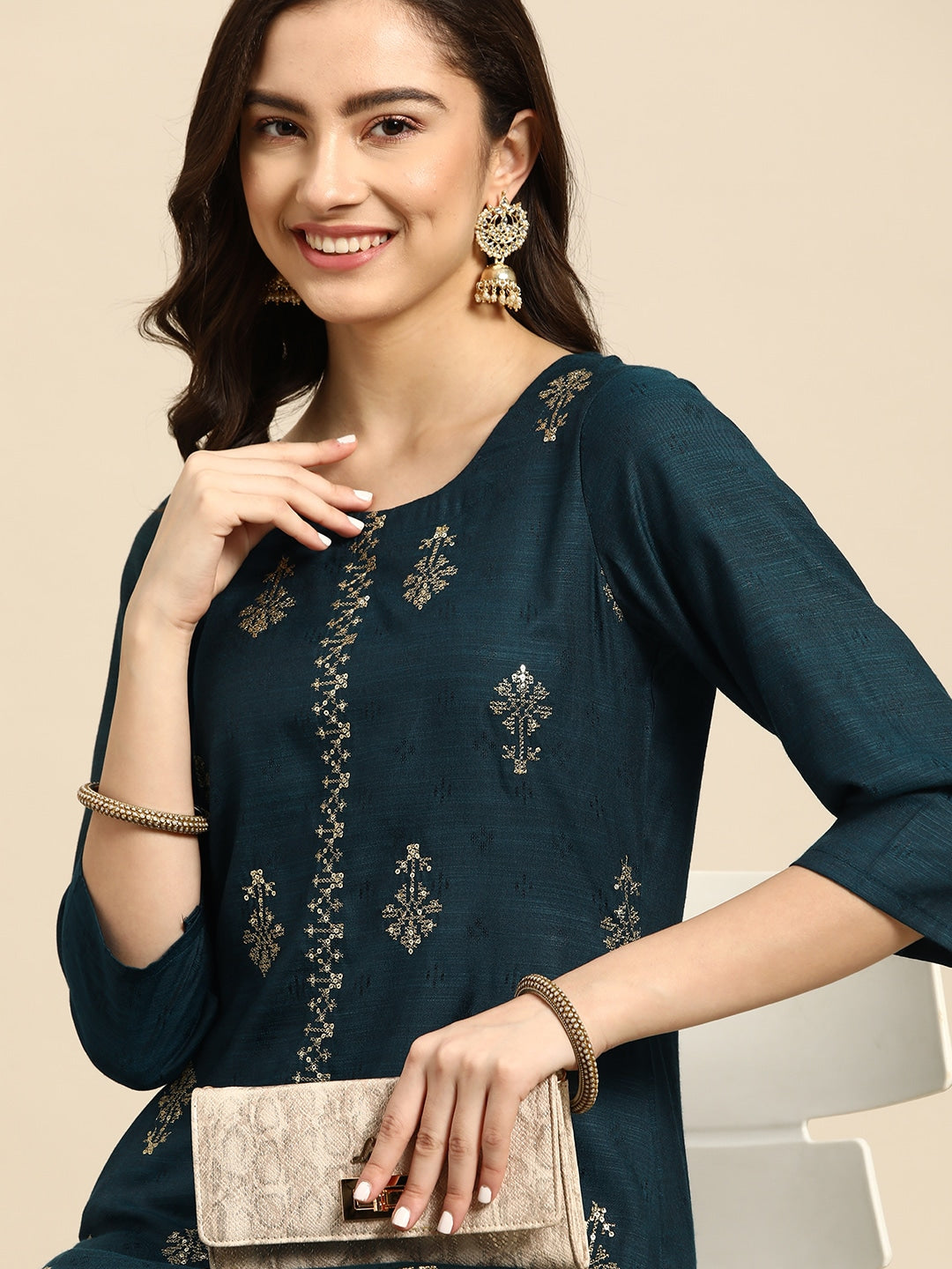 Sangria Teal Blue & Golden Embroidered Regular Kurta - Distacart