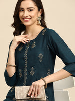 Thumbnail for Sangria Teal Blue & Golden Embroidered Regular Kurta - Distacart