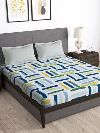 Story@home Arena White & Blue Geometric Printed 180 TC Queen Bedsheet & 2 Pillow Covers - Distacart
