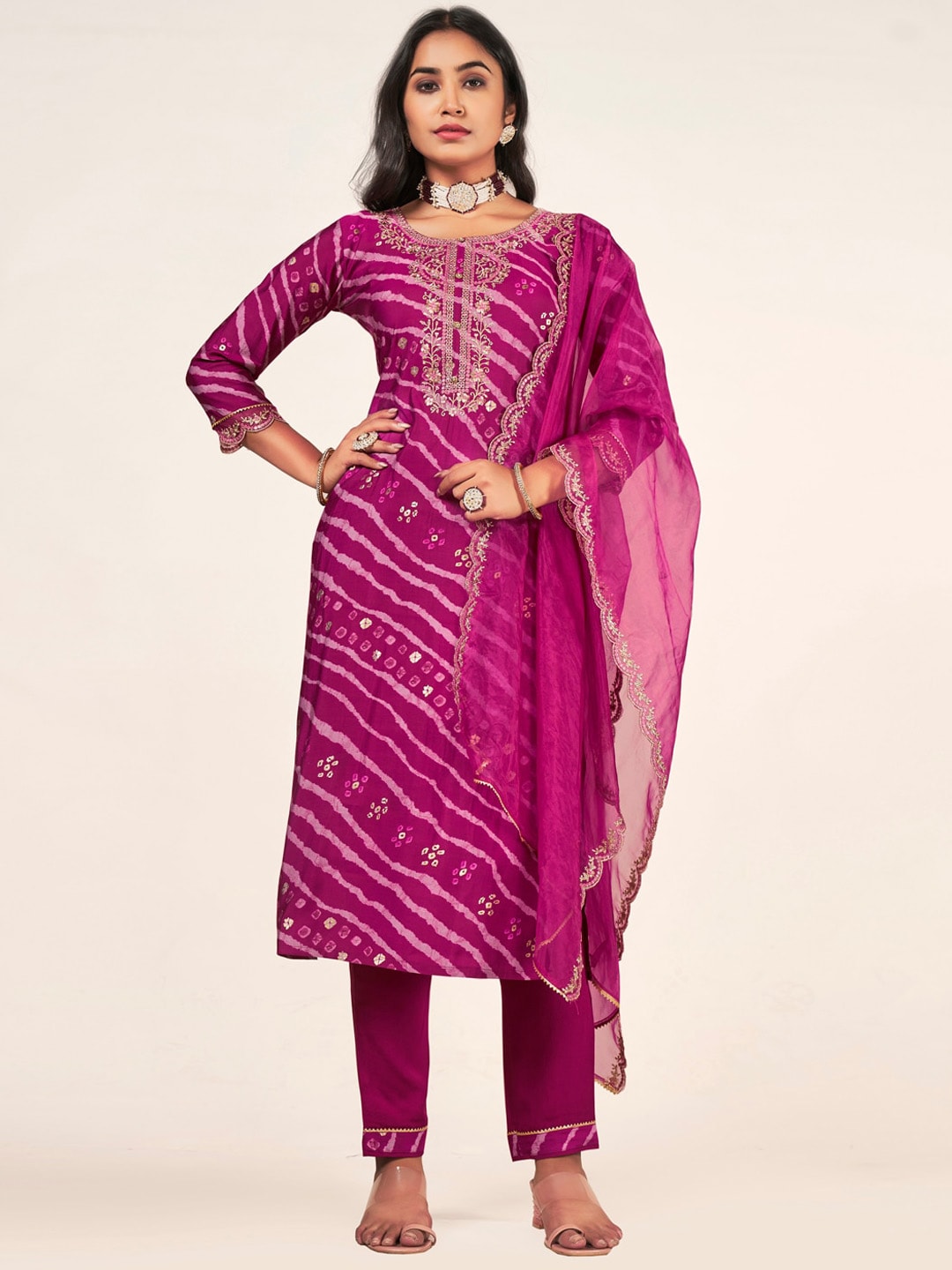 Sangria Leheriya Printed Embroidered Straight Kurta With Trousers & Dupatta - Distacart