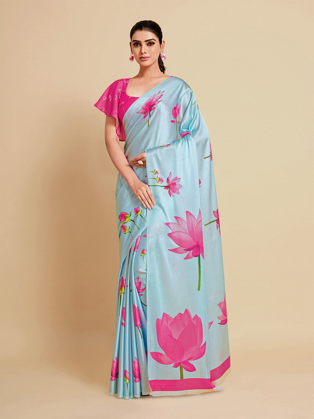 Sangria Turquoise Blue & Magenta Floral Zari Satin Saree - Distacart