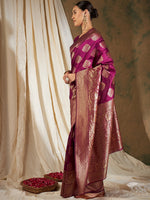 Thumbnail for Sangria Burgundy & Gold-Toned Ethnic Motifs Woven Design Zari Silk Blend Banarasi Saree - Distacart