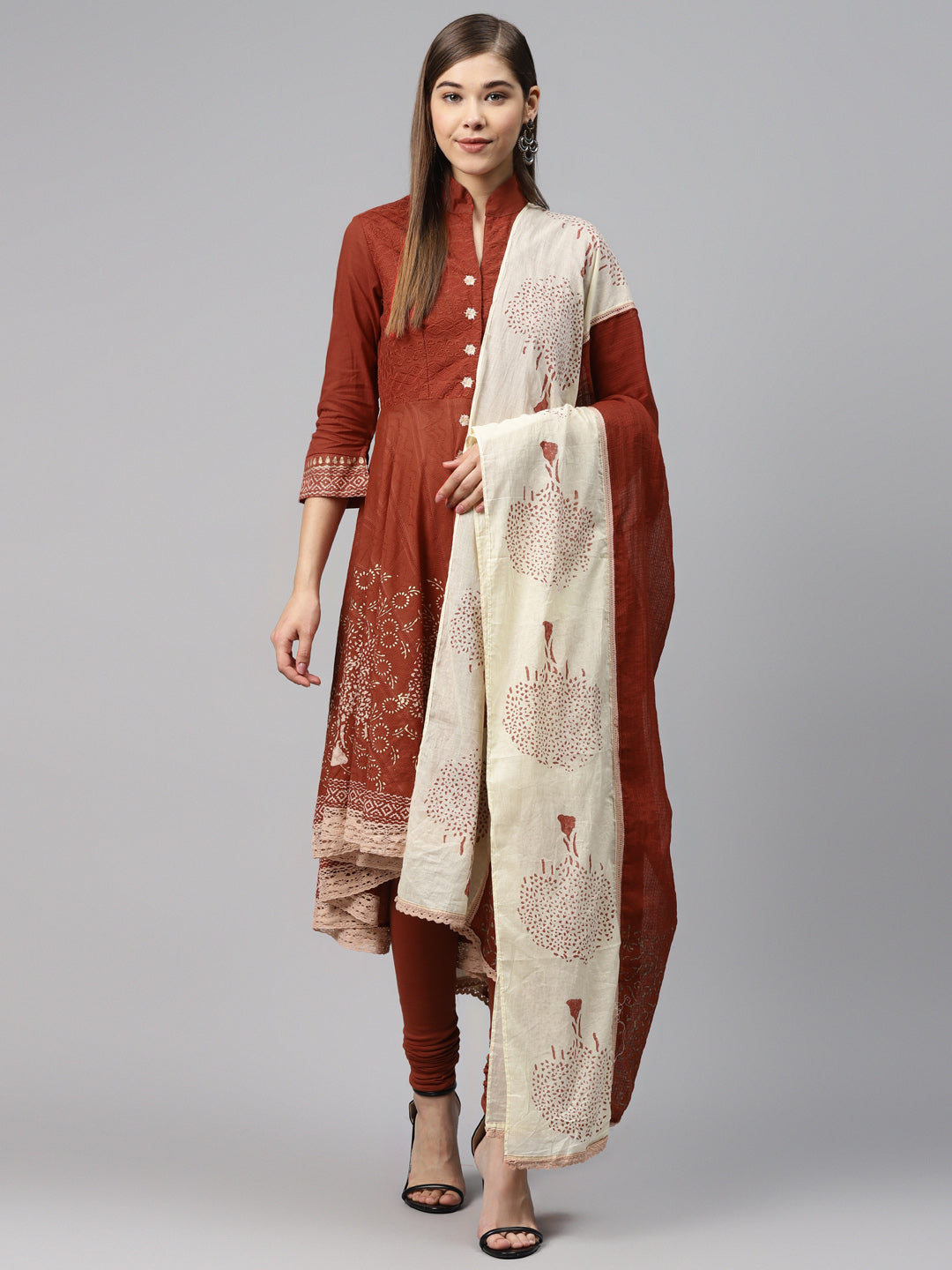 Biba Women Rust Brown & Golden Pure Cotton Printed Kurta with Leggings & Dupatta - Distacart