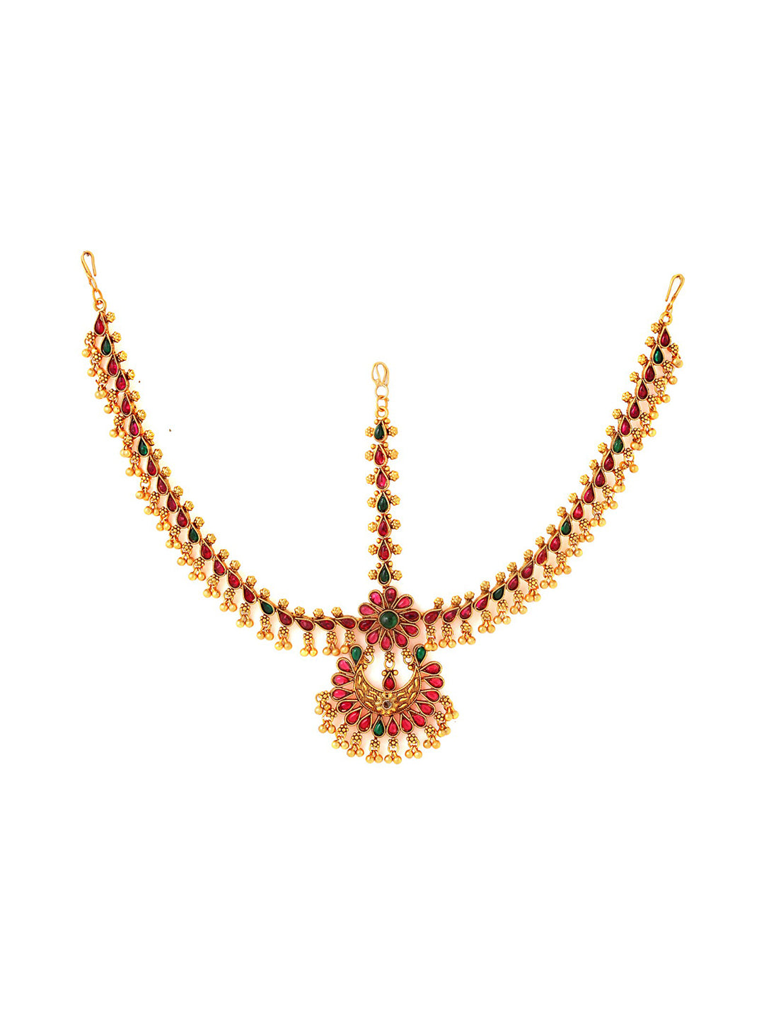Yellow Chimes Gold-Toned Green Kundan Layered Temple Bridal Traditional Matha Patti - Distacart