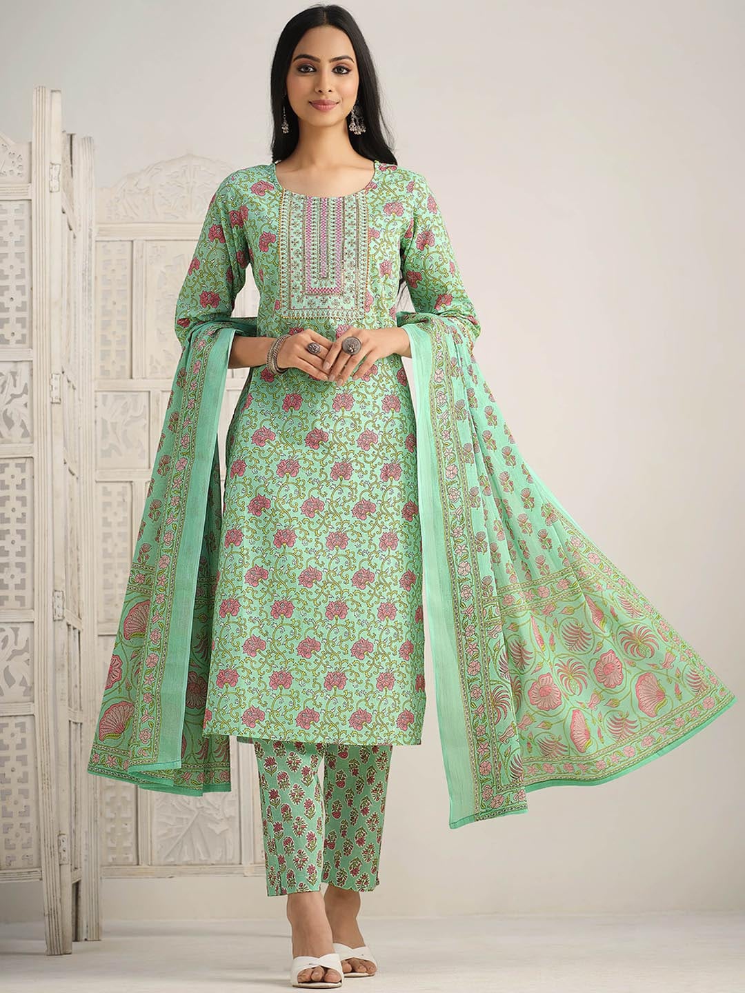 Sangria Floral Printed Gotta Patti Pure Cotton Kurta With Trouser & Dupatta - Distacart